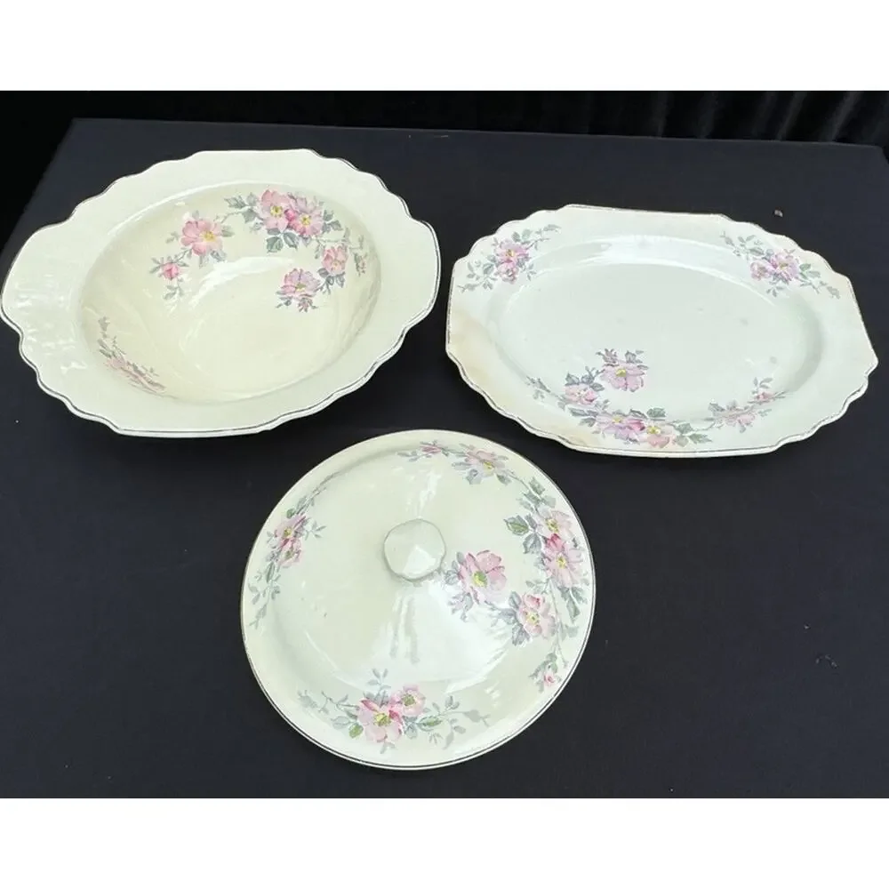 2 Vintage WS George LIDO Canarytone Pink Floral Bowls Serving Dishes -A84